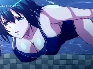 Trois boutons baisent un anime mignon sous l'eau